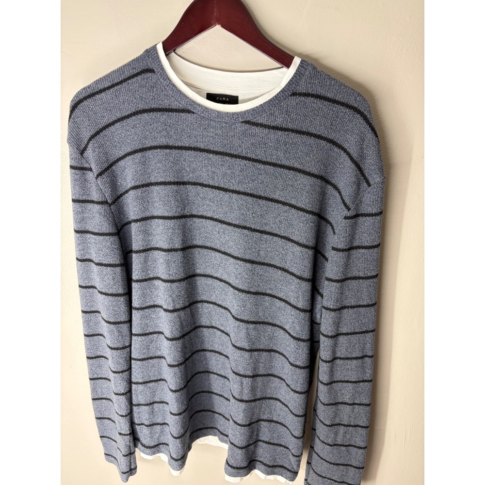 Zara Man Striped Layered Look Sweater Blue Gray Crew Neck Long Sleeve Large